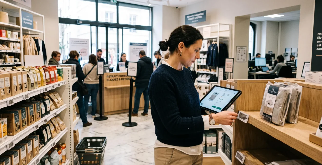 Responsable marketing comparant sur une tablette le prix d'un produit en rayon et sa fiche en ligne, dans un magasin avec un comptoir de retrait de commandes internet.