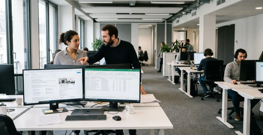 Deux collaborateurs examinant ensemble une fiche établissement et un flux produits sur deux écrans, pendant que d'autres travaillent isolément à des bureaux séparés en arrière-plan.
