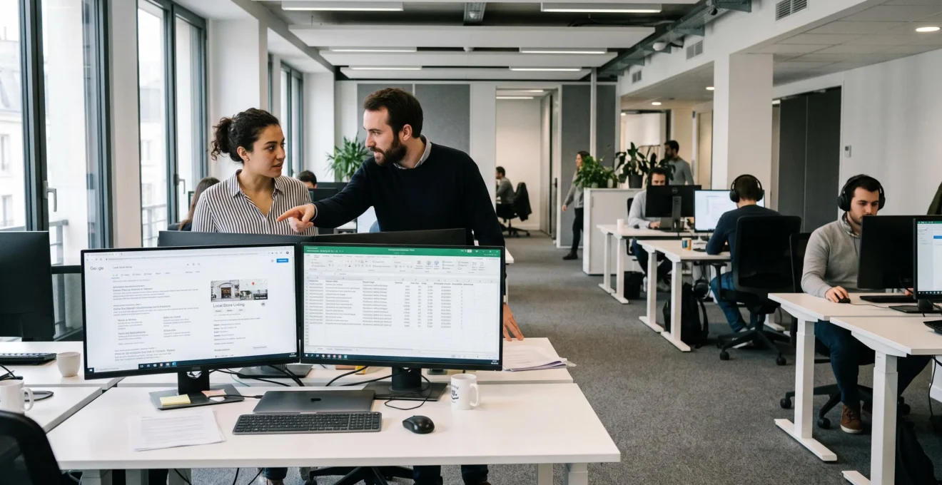 Deux collaborateurs examinant ensemble une fiche établissement et un flux produits sur deux écrans, pendant que d'autres travaillent isolément à des bureaux séparés en arrière-plan.