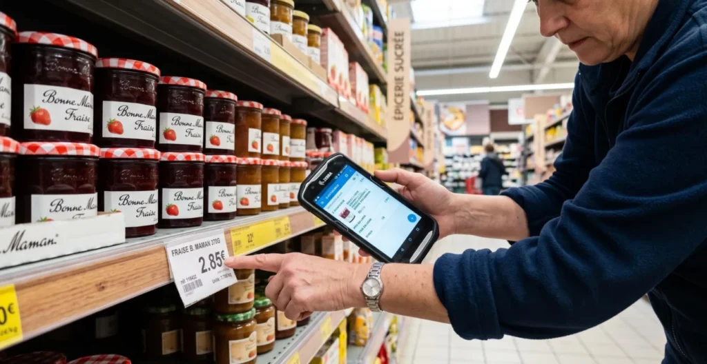 Mains d'un responsable de magasin vérifiant l'étiquette de prix d'un rayon face à l'écran d'une tablette affichant le catalogue en ligne.