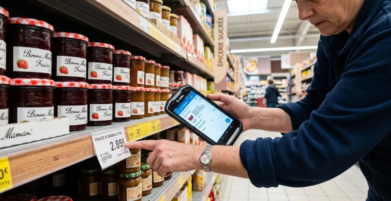 Mains d'un responsable de magasin vérifiant l'étiquette de prix d'un rayon face à l'écran d'une tablette affichant le catalogue en ligne.